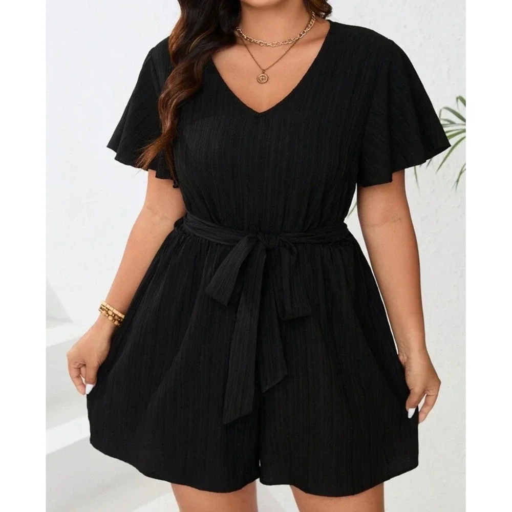 SHEIN Women Black Plisse V-Neck Flutter Sleeve Tie Waist Romper